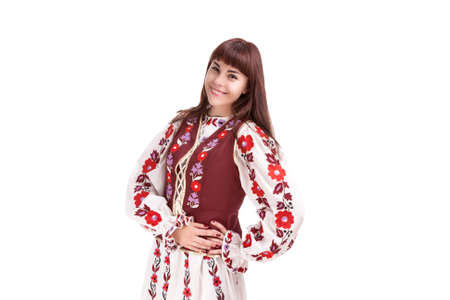 Caucasian Smiling Happy Brunette Woman Posing in National Flowery Hand-Made Unique Dress. Isolated...