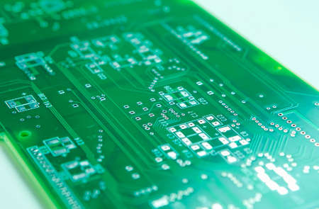 Closeup Shot of New Printed Circuit Board Prior to SMD and DIP Componentry Mounting. Horizontal...