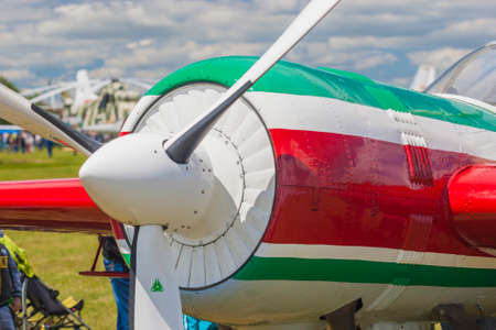 Propeller Blades of Sportive Aeroplane SU-26M on display During Aviation Event Dedicated to the 80th Anniversary of DOSAAF Foundation in Minskのeditorial素材