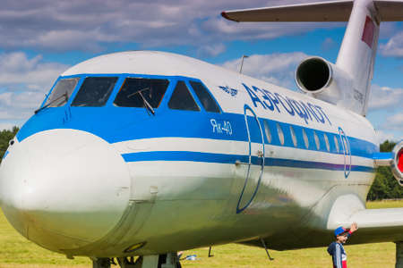 Passenger Aeroplane YAK-40 on Display During Aviation Event to the 80th Anniversary of DOSAAF Foundation in Minsk on June 21, 2014 in Minsk, Republic of Belarusのeditorial素材