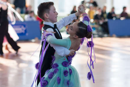 Minsk, Belarus-April 3, 2016: Evoyan Veniamin and Strelchenya Kseniya Perform Juvenile-1 Standard European Program on the IDSA Championship Kinezis Star Cup Ã¢ï¿½ï¿½ 2016 in April 3, 2016 in Minsk, Republic of Belarusのeditorial素材