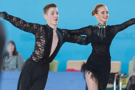 Minsk, Belarus âApril 3, 2016: Stahovich Timofey and Grinchik Anna Perform Juvenile-2 Latin-American Program on IDSA Championship Kinezis Star Cup - 2016 in April 3, 2016 in Minsk, Republic of Belarusのeditorial素材