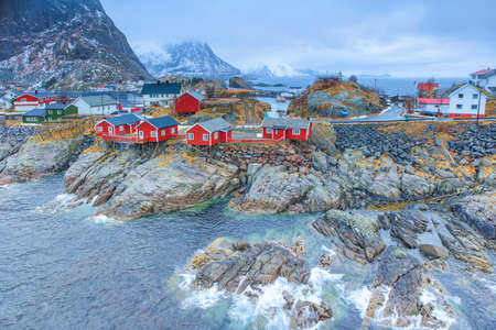 Travel Concepts and Ideas. Traditional Fishing Hut Village in Hamnoy During Early Spring Time in Lofoten Islands, Norway. Horizontal Image Orientationの写真素材
