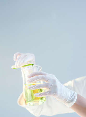 Female Laboratory Staff Hands Holding Glassware With Liquid Chemicals In laboratory.Vertical Imageの写真素材