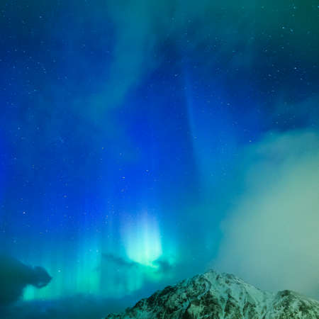 Amazing Picturesque Unique Nothern Lights Aurora Borealis Over Lofoten Islands in Nothern Part of...