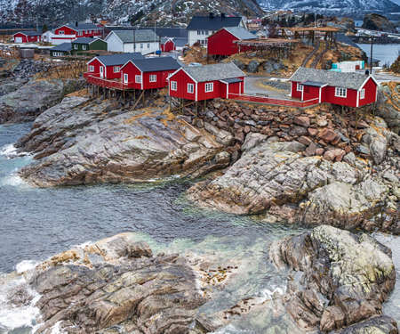 Travel Concepts and Ideas. Classic Traditional Norwegian Fishing Hut Called Hamnoy in Norway. Square Image Compositionの写真素材