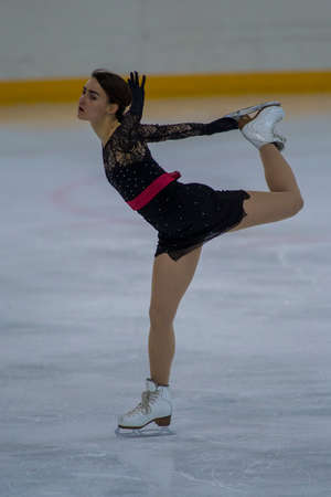 Minsk, Belarus -April 23, 2017: Unidentified Female Figure Skater Performs Adult Ladies Free Skating Program at Minsk Arena Cup 2017 International Figure Skating Competition in April 23,  2017 in Minsk, Belarusのeditorial素材