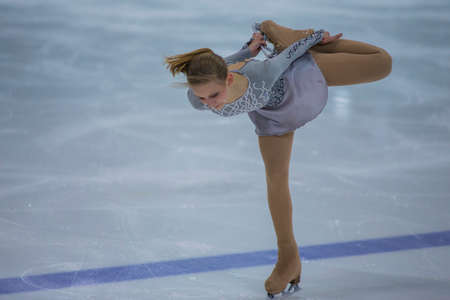 Minsk, Belarus -April 23, 2017: Unidentified Female Figure Skater Performs Adult Ladies Free Skating Program at Minsk Arena Cup 2017 International Figure Skating Competition in April 23,  2017 in Minsk, Belarusのeditorial素材