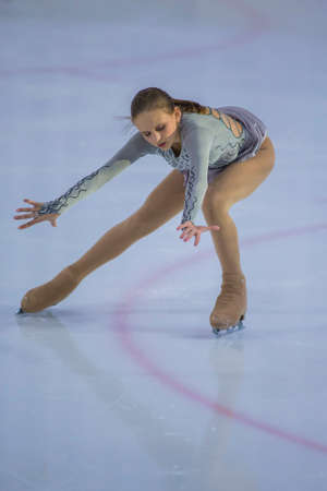 Minsk, Belarus -April 23, 2017: Unidentified Female Figure Skater Performs Adult Ladies Free Skating Program at Minsk Arena Cup 2017 International Figure Skating Competition in April 23,  2017 in Minsk, Belarusのeditorial素材