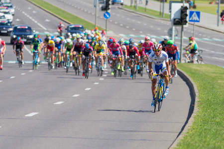 Minsk, Belarus-July 8, 2017: Group of Youth Road Cyclists in Professional Peloton During...