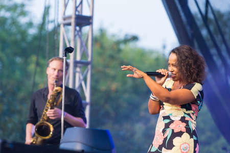Minsk, Belarus-August 12, 2017: Vocalist and Singer Pat Appleton and Marcus Bartelt of World Renowned Jazz Ensemble De-Phazz Performing at A-Fest Music Festival on August 12, 2017 in Minsk, Republic of Belarus.のeditorial素材