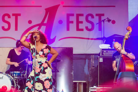 Minsk, Belarus-August 12, 2017: Vocalist and Singer Pat Appleton of World Renowned Jazz Ensemble De-Phazz Performing at A-Fest Music Festival on August 12, 2017 in Minsk, Republic of Belarus.のeditorial素材