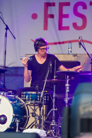 Minsk, Belarus-August 12, 2017: Drummer and Percussionist Oli Rubow of World Renowned Jazz Ensemble De-Phazz Performing at A-Fest Music Festival on August 12, 2017 in Minsk, Republic of Belarus.のeditorial素材