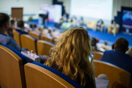 Business Concepts. Male Host Speaking On Stage During Business Conference in Large Congress Hall. Ideas Entrepreneurship. Horizontal imageの写真素材