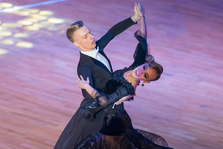 Minsk, Belarus –October 29, 2017: Professional Dance Couple Perform Youth Standard European...