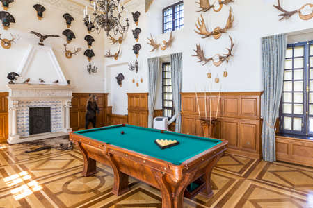 Nesvizh,Belarus-August 5,2017:The Hunting Hall of Castle Used as Transit Corridor to The gallery of The Chapel.Had Trophies of Antlers of Deers, Stuffed Bears, Wood-Grouses and Other Birds and Animals,August 5,2017,Nesvizh,Belarusのeditorial素材