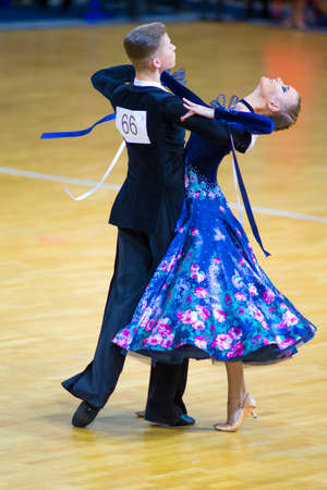 Minsk-Belarus, March 11, 2018: Dance Couple of Nikita Buel and Veronika Guzevich Performs Junior-2 Standard Program on WDSF National Championship of the Republic of Belarus in March 11, 2018 in Minsk, Belarusのeditorial素材