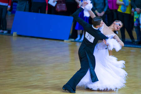 Minsk-Belarus, March 11, 2018: Dance Couple of Ilia Shvaunov and Anna Sneguir Performs Youth Standard European Program on WDSF National Championship of the Republic of Belarus in March 11, 2018 in Minsk, Belarusのeditorial素材