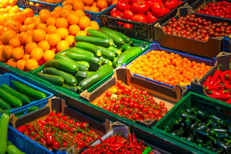Variety of Fruits and Vegetables At Storefront on Market.Horizontal Image