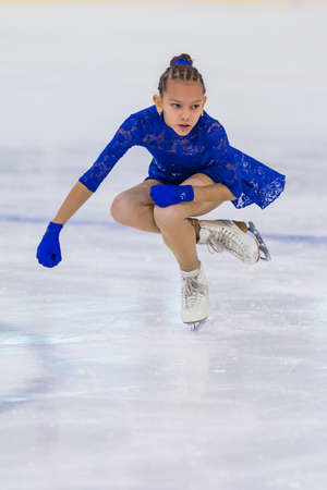 Minsk, Belarus ?April 22, 2018: Female Figure Skater from Belarus Eva Korral- Goronovskaya Performs Cubs A Girls Free Skating Program at Minsk Arena Cup 2018 in April 22, 2018, in Minsk, Belarusのeditorial素材
