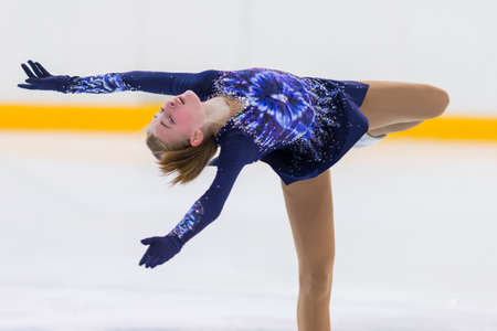 Minsk, Belarus April 22, 2018: Female Figure Skater Performs Girls Free Skating Program at Minsk Arena Cup 2018 in April 22, 2018, in Minsk, Belarusのeditorial素材