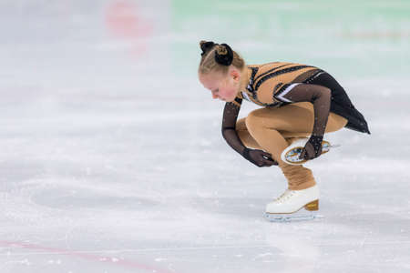 Minsk, Belarus April 22, 2018: Female Figure Skater from Russia Margarita Kosinenko Performs Cubs A Girls Free Skating Program at Minsk Arena Cup 2018 in April 22, 2018, in Minsk, Belarusのeditorial素材