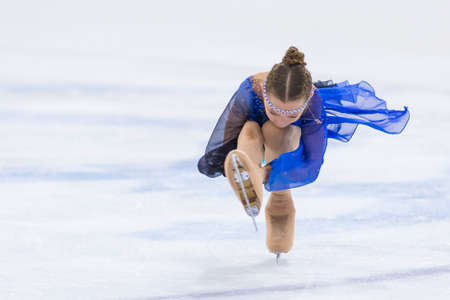 Minsk, Belarus April 22, 2018: Female Figure Skater from Belarus Anastasiya Zazulinskaya  Performs Cubs B Girls Free Skating Program at Minsk Arena Cup 2018 in April 22, 2018, in Minsk, Belarusのeditorial素材