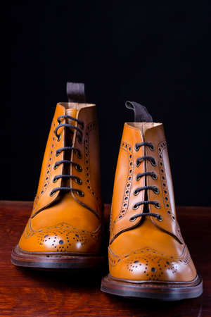 Footwear Compositions Made Up of Mens Fashionable Tanned Brogues Boots Isolated Over Black.Vertical...
