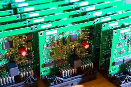 Batch of Ready to Use Printed Circuit Boards with Surface Mounted Components. Horizontal Image Compositionの写真素材