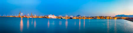 Panorama of Old Venetian Harbour with Lines of Ships and Fishing Boats At Blue Hour in Heraklion...