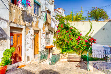 Traditional Colorful Old Backyard of One of The Houses in Lisbon in Portugal. Horizontal Image Compositionの写真素材
