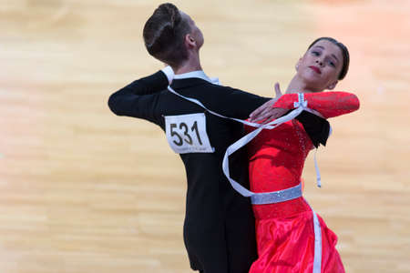 Minsk, Belarus-October 14, 2018: Dance Couple Performs Adults European Standard Program on WDC Professional 10 dance Championship Capital Cup Minsk- 2018 in October 14, 2018 in Minsk, Belarus.のeditorial素材