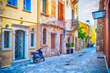 Motorbikes in Of The Empty Streets Of Chania in Crete, Greece.Horizontal Image Composition