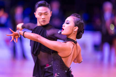 Riga, Latvia-December 16, 2018: Professional Adult Dance Couple Performs Youth Latin-American...