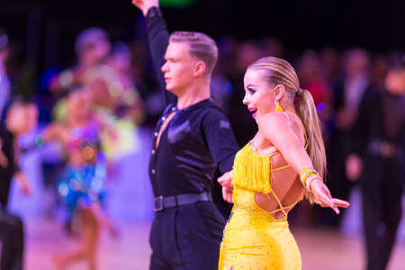 Riga, Latvia-December 16, 2018: Professional Adult Dance Couple Performs Youth Latin-American Program on the WDSF Baltic Grand Prix-2108 Championship in December 16, 2018 in Riga, Latviaのeditorial素材