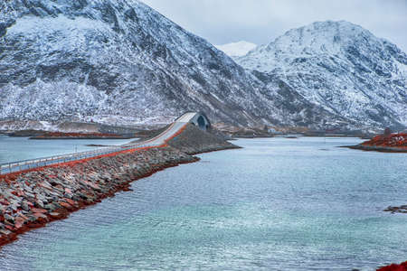 Travelling Ideas. Renowned and Unique Fredvang Bridges At Lofoten Islands In Winter Time in Norway....