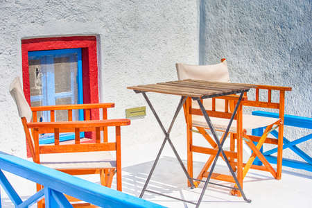 Travel Destinations.Traditional Greek Backyard in Oia Village in Santorini Island in Greece. Vertical Image Compositionの写真素材