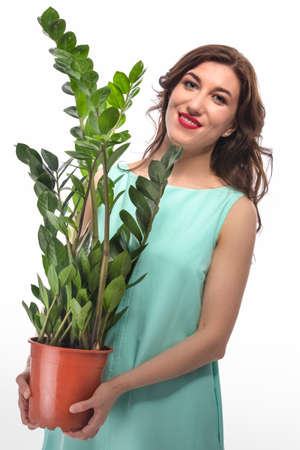 Portrait of Caucasian Brunette Woman with Zamioculcas Dollar Tree. Vertical imageの写真素材