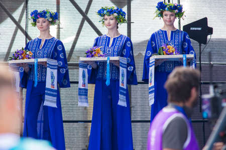 Minsk,Belarus-22 June,2019. Females in National Belarussian Costumes During Awarding Ceremony On The II European Games in June 22, 2019, Republic of Belarus.のeditorial素材