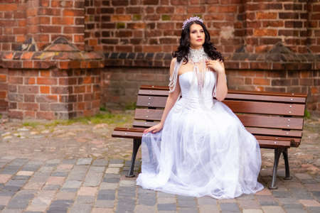 Portrait of Caucasian Brunette Bride with Tiara and Necklace. Posing in Castle Yard Outdoors. Horizontal Compositionの写真素材