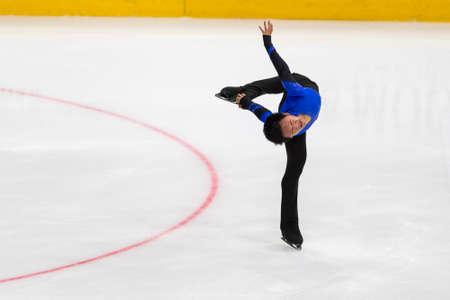 Minsk, Belarus âOctober 19, 2019: Figure Skater Adam Siao Him Fa from France Performs Men Short Program on Ice Star Championship in October 19, 2019, in Minsk, Belarusのeditorial素材