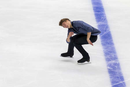 Minsk, Belarus âOctober 19, 2019: Figure Skater Aleksandr Selevko from Estonia Performs Men Short Program on Ice Star Championship in October 19, 2019, in Minsk, Belarusのeditorial素材