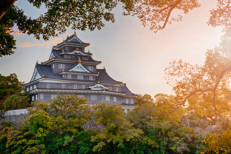 Okayama Crow Castle or Ujo Castle in Okayama City on the Asahi River in Japan With Vivid Sunlight in...