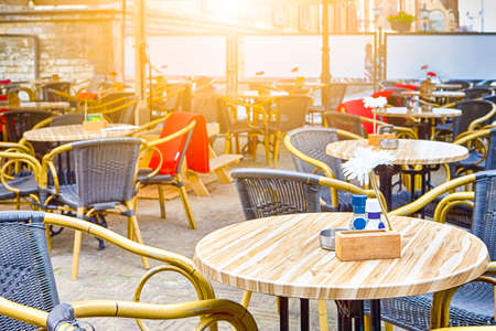 Cosy Relaxing Open Air Restaurant In Small Dutch City. Horizontal Image Compositionの写真素材