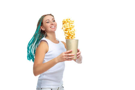 Portrait of Laughing Caucasian Female with African American Dreadlocks Having Fun With Fly-Away...
