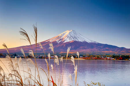 Unique Japan Travel Destinations. Recognizable Fuji Mountain At Kawaguchiko Lake in Japan. Picture Taken At Fall. Horizontal Imageの写真素材