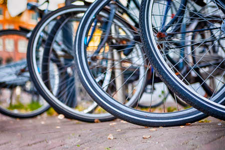 Closeup of Wheels of Traditional Dutch City Bikes in The Netherlands.Horizontal Image Composition