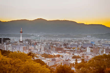 Japanese Traveling. Sunset at Golden Hour Over  Kyoto City in Japan. Horizontal Image Compositionの写真素材