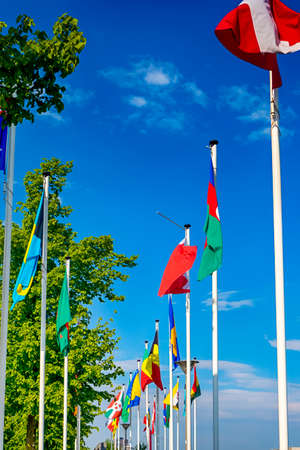 Flags of The European Countries Wayving Together on the Wind. Vertical Image