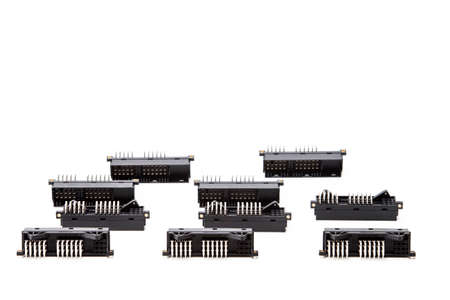 Electronic Components Concepts. Closeup of Rows of Long Angular PCB Connectors or Terminal Blocks...